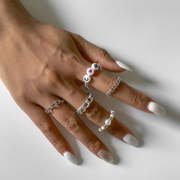 5pcs/set Trendy Geometric Hollow Link Chain Rings Simple Creative Jewelry Acrylic Letter Statement Rings Jewelry For Women Gifts daiiibabyyy